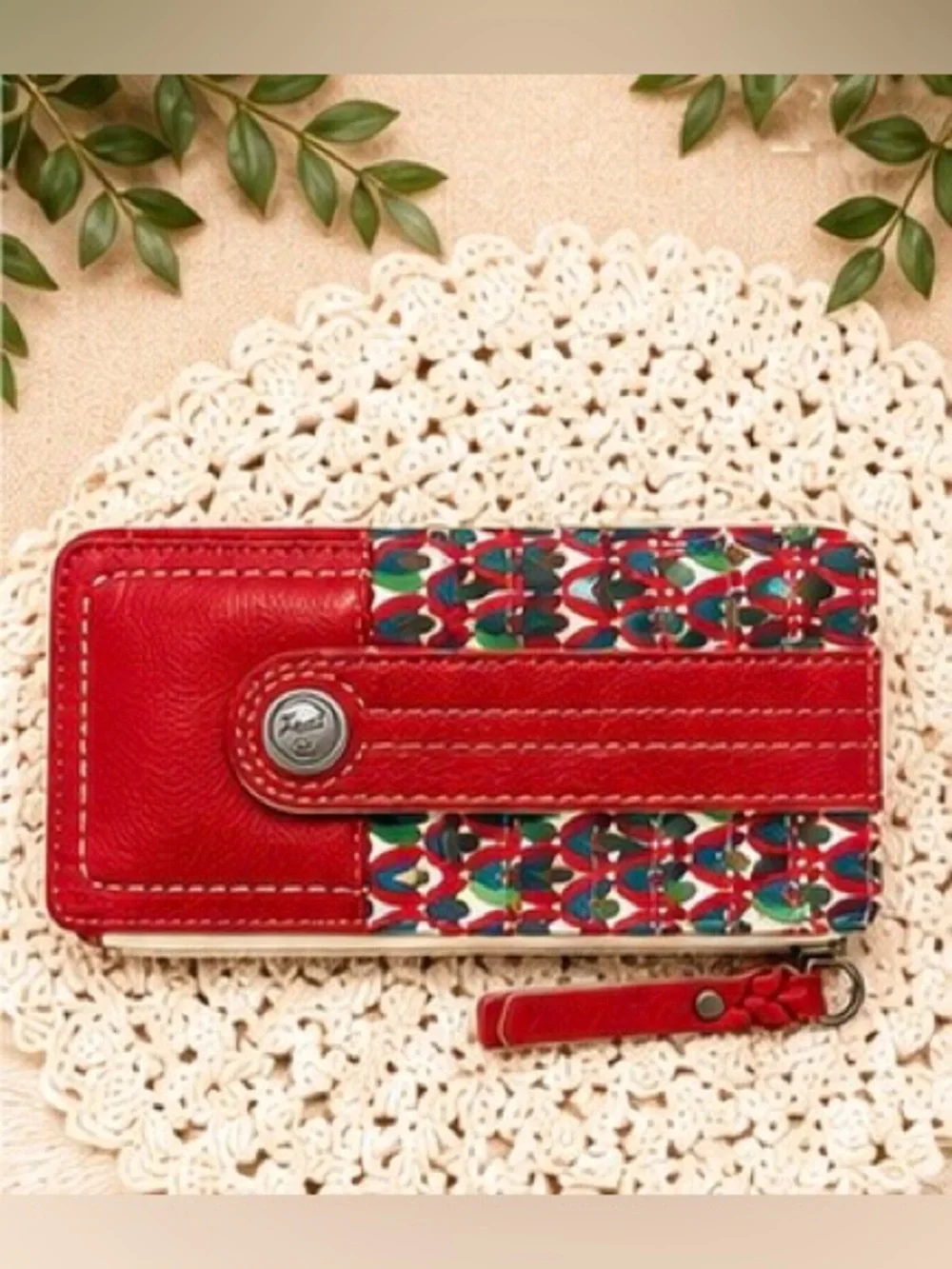 Fossil Wallet Red Leather Geo Print Zip Snap Tab Card Holder
